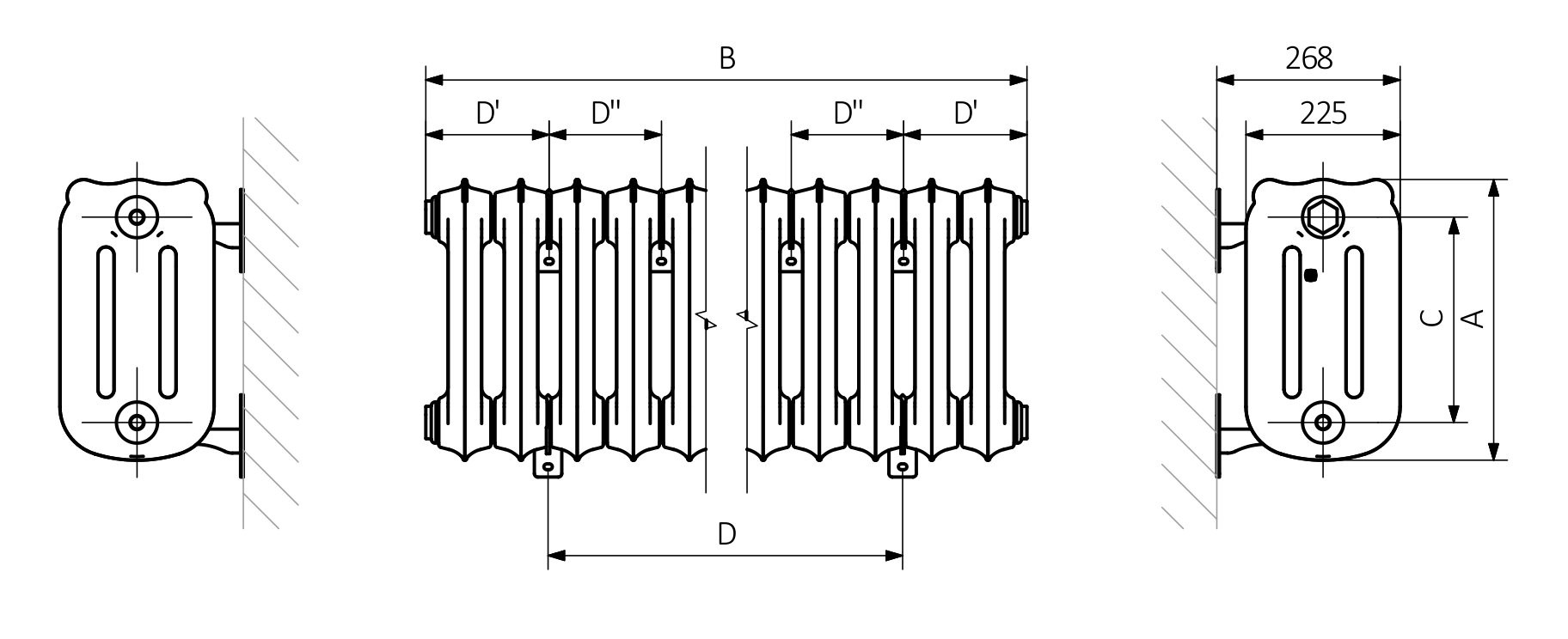 A - hauteur B - largeur C1-C5 - espacement des connexions D - distance entre les fixations à l'horizontale E - distance entre les dispositifs en F verticale - distance entre l'axe inférieur des fixations et le bord inférieur du collecteur
