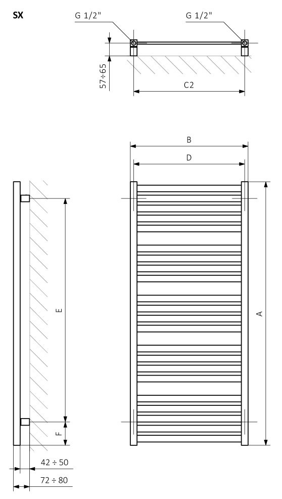 A - hauteur B - largeur C1-C5 - espacement des connexions D - distance entre les fixations à l'horizontale E - distance entre les dispositifs en F verticale - distance entre l'axe inférieur des fixations et le bord inférieur du collecteur

