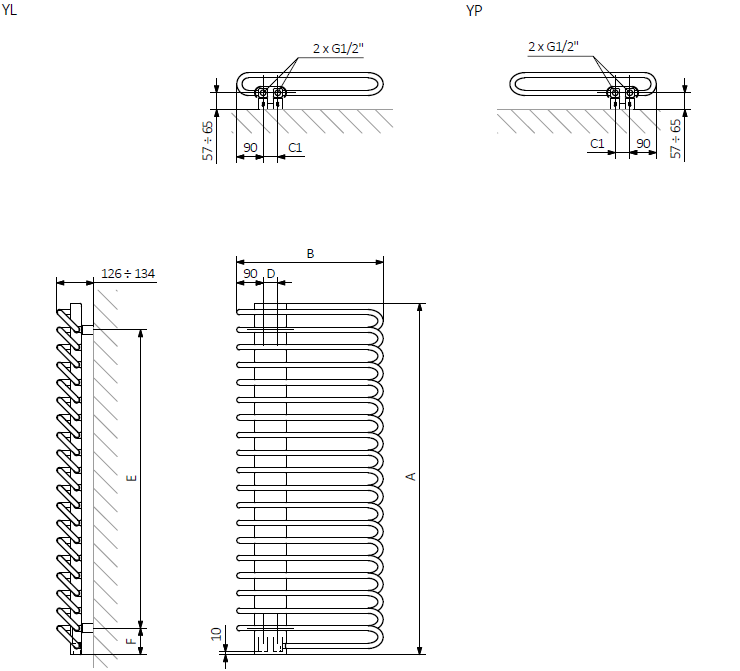 A - hauteur B - largeur C1-C5 - espacement des connexions D - distance entre les fixations à l'horizontale E - distance entre les dispositifs en F verticale - distance entre l'axe inférieur des fixations et le bord inférieur du collecteur