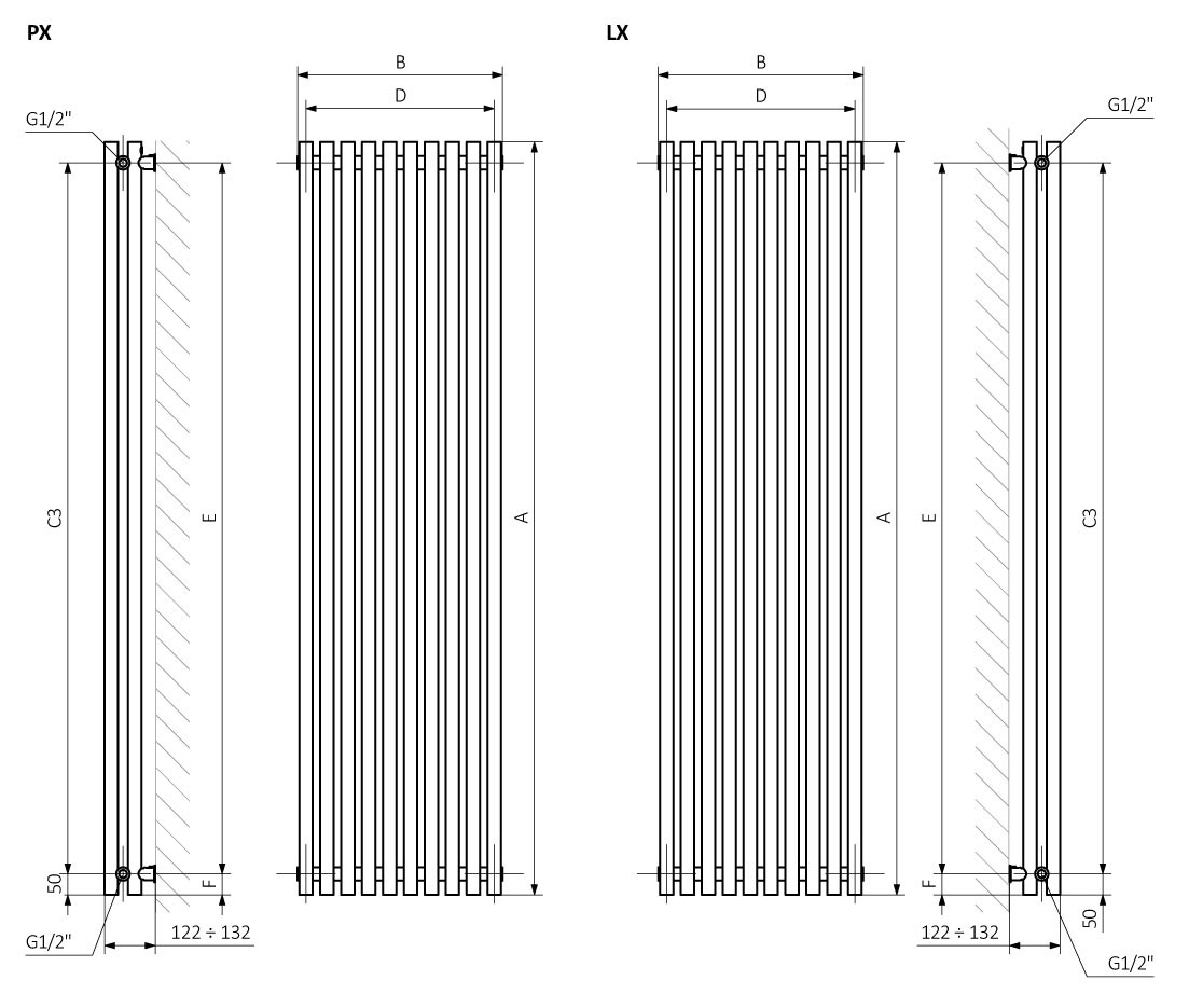 
A - hauteur B - largeur C1-C5 - espacement des connexions D - distance entre les fixations à l'horizontale E - distance entre les dispositifs en F verticale - distance entre l'axe inférieur des fixations et le bord inférieur du collecteur
