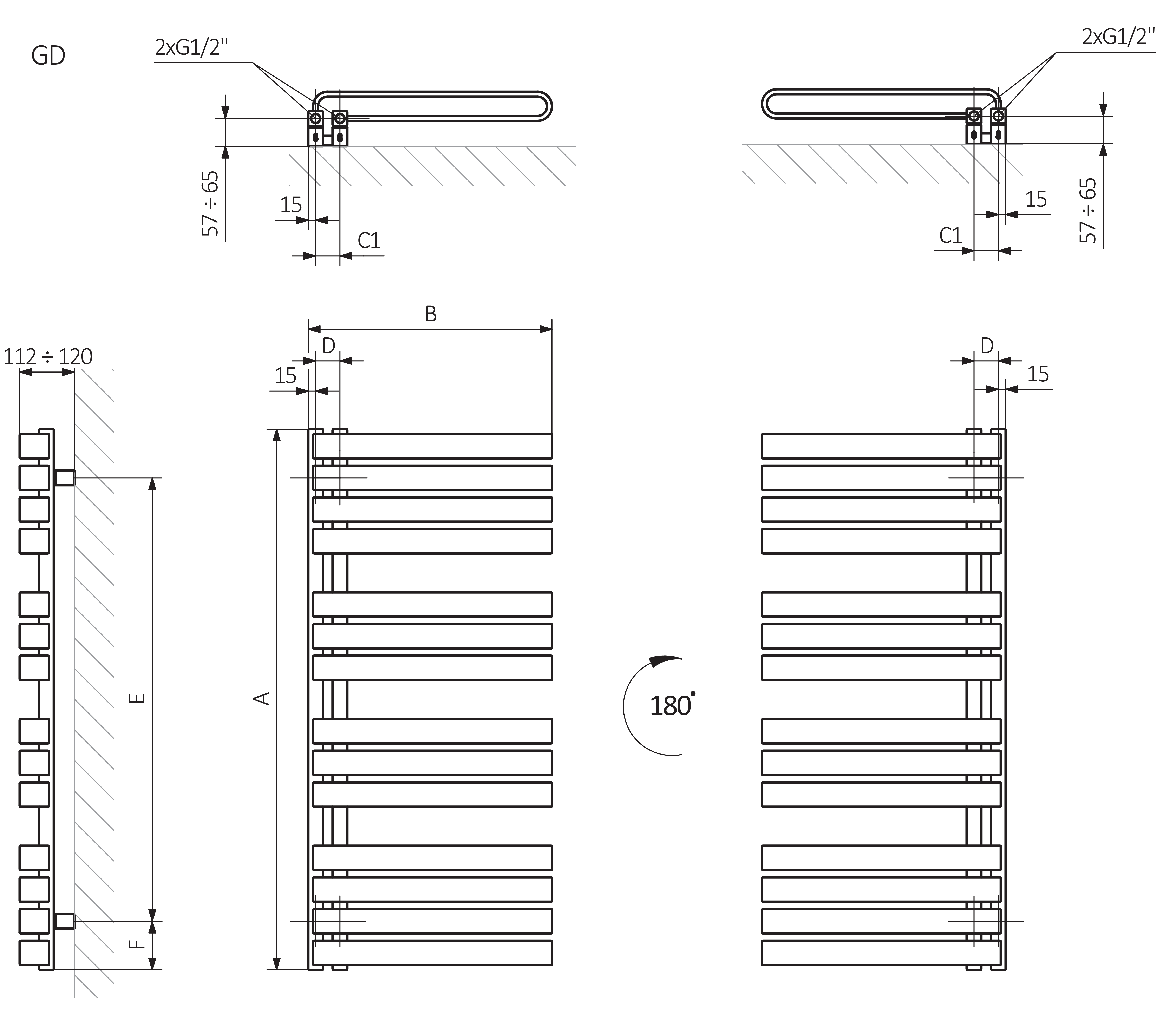 A - hauteur B - largeur C1-C5 - espacement des connexions D - distance entre les fixations à l'horizontale E - distance entre les dispositifs en F verticale - distance entre l'axe inférieur des fixations et le bord inférieur du collecteur
