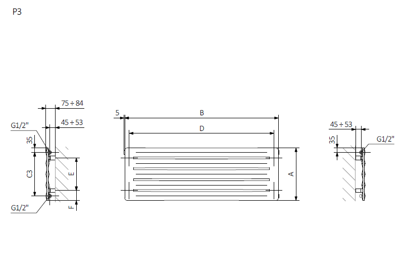 <p>A - hauteur  B - largeur  C1-C5 – espacement des connexions  D – distance entre les fixations à l'horizontale  E – istance entre les dispositifs  en verticale<br />
 F  - distance entre l'axe inférieur des fixations et le bord inférieur du collecteur</p>
