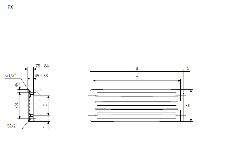 <p>A - hauteur  B - largeur  C1-C5 – espacement des connexions  D – distance entre les fixations à l'horizontale  E – istance entre les dispositifs  en verticale<br />
 F  - distance entre l'axe inférieur des fixations et le bord inférieur du collecteur</p>
